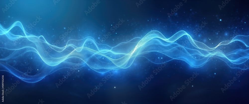 Poster Abstract blue energy wave flows on dark backdrop. Digital lightwave design. Tech concept. Modern vibrant plasma. Fluid motion. Suitable for science fantasy themes. Aetherial virtual effect. Gradient