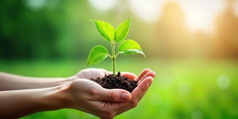 Hands hold young plant sprout soil. Green nature background. Eco earth day concept. Growth sustainability agriculture. New life bio ecology. Global conservation.