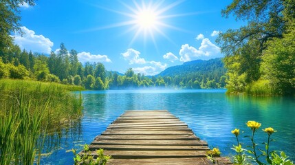 Wooden dock extends to tranquil lake in sunny mountain landscape