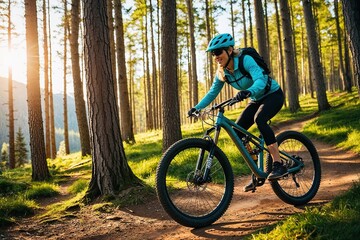 Fototapeta premium Adventurous Woman Biking in Sunlit Forest Trails for Outdoor Fitness and Thrilling Exploration