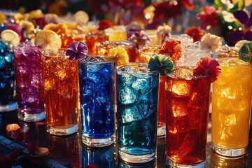 Colorful Iced Drinks Garnished With Flowers
