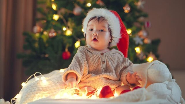 Happy little baby asian girl wearing red Santa hat sitting in front of a Christmas tree and lights, First Christmas, Christmas and New Year concept