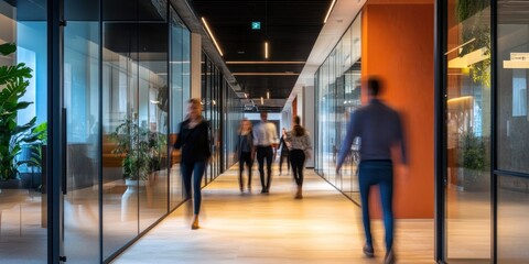 Blurred Business People Walking Modern Office Corridor