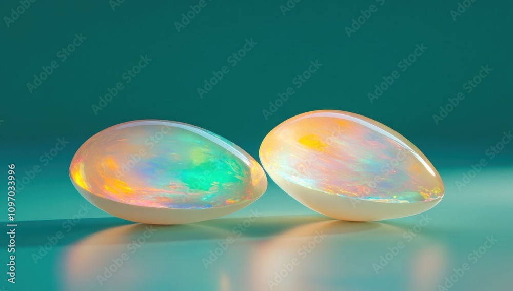 Poster two iridescent opal gemstones reflecting light on a smooth surface.