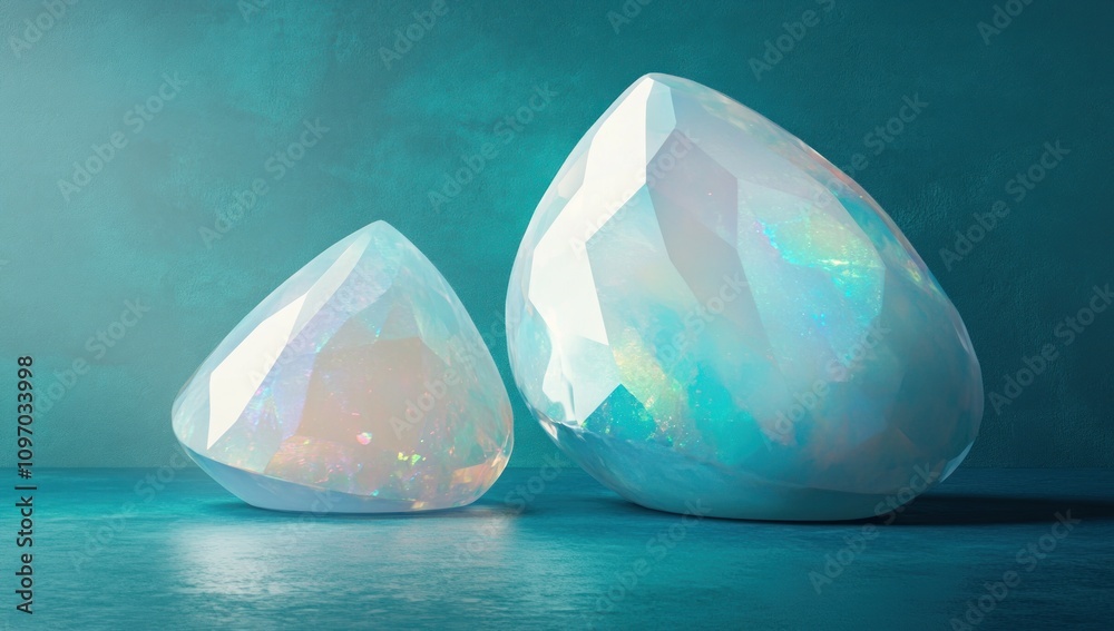 Poster two large, translucent gemstones with an iridescent sheen on a textured surface.