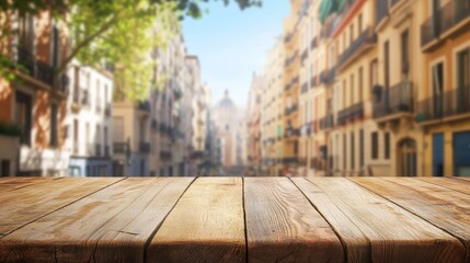 Fototapeta premium Wooden Tabletop Overlooking a Sunny City Street
