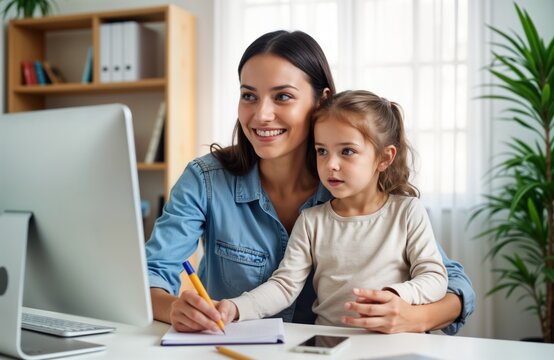 Young mother works from home office. Daughter sits on her lap. Woman uses computer. Child watches mom. Happy family. Remote work. Mom and kid. Home office setup.