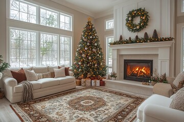 elegant winter holiday setting with a beautifully decorated christmas tree, twinkling lights, and a cozy fireplace, blending traditional and modern festive elements for a warm family gathering