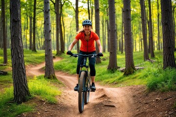 Naklejka premium Fearless Female Cyclist Riding Vibrant Summer Forest Trails