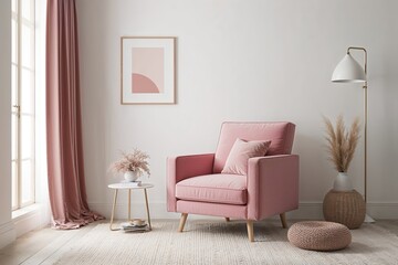 Pink Armchair Minimalist Mock Up Cozy Living Room Interior Design with Soft White Wall