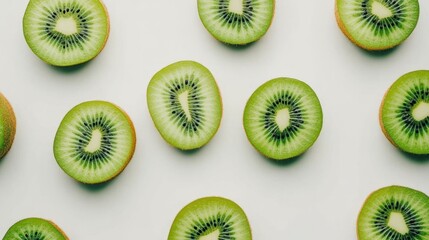 Fototapeta premium Slices of fresh green kiwi fruit arranged on white background