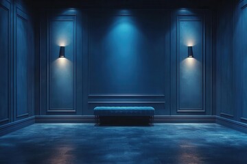 empty elegant dark room at night with a blank wall, emphasizing negative space, creating a dramatic and sophisticated atmosphere that invites imagination and creative expression