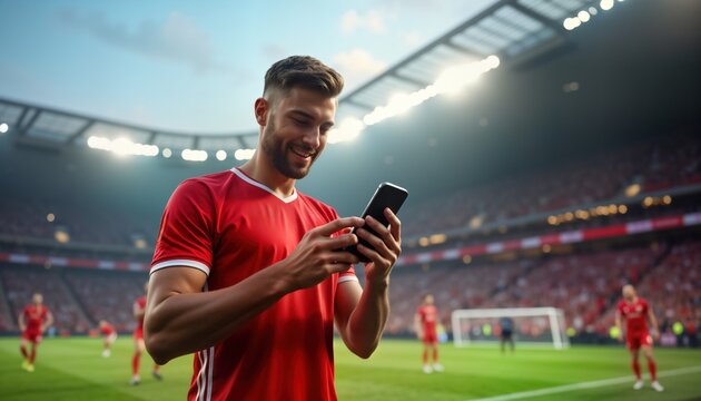 Man uses smartphone at soccer stadium. Young adult checks mobile phone. He wears red sports shirt. Football players on field. Happy fan enjoys game.