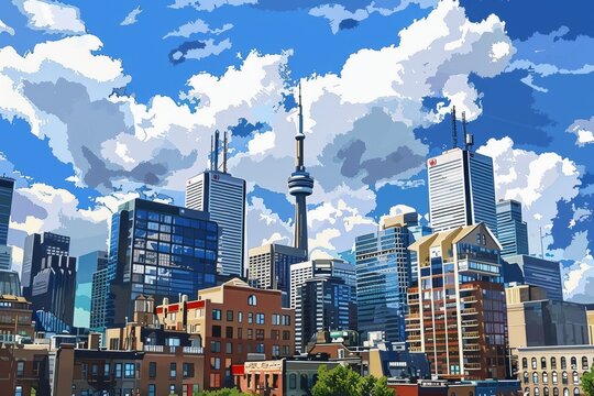 An aerial view of Torontos skyline, featuring a mix of modern glass towers and older brick buildings A city skyline with a mix of modern and historic buildings creating a unique urban landscape