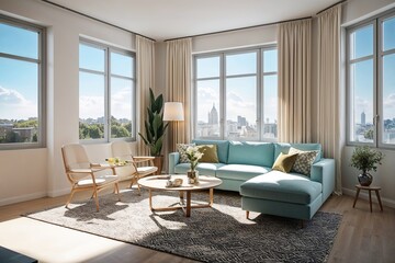 Fototapeta premium Stylish Modern Apartment Design Featuring Large Windows and Contemporary Furniture