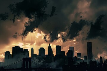 City Skyline Silhouette With Bridge and Dramatic Sunset, A city skyline with a striking silhouette of bridges and towers against a dramatic sky