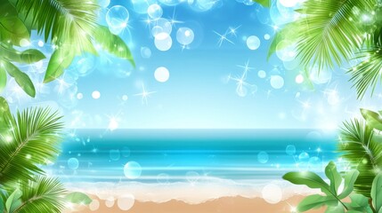 Tropical Beach Scene With Lush Green Palm Leaves