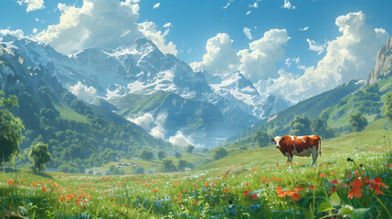 Generative AI.  The cow in the Swiss countryside a picturesque
