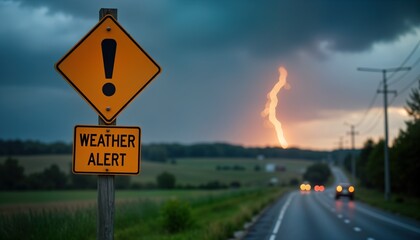 Yellow weather alert road sign. Lightning storm. Cars drive on road. Severe weather warning. Urgent safety caution. Risk. Danger. Emergency. Heavy rain. Thunderstorm. Nature hazard. Bad weather