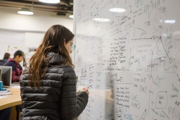 A student in a classroom stands in front of a whiteboard filled with mathematical equations and diagrams A classroom with a whiteboard covered in math equations and diagrams
