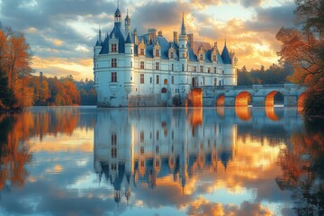 enchanting chenonceau-esque castle reflecting in the tranquil waters of the cher river, bathed in soft light during golden hour, capturing the essence of romantic architecture and serene landscapes