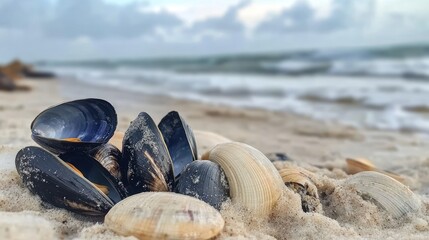 Mussels and Shells Resting on Sandy Beach