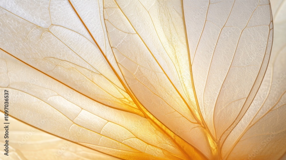 Poster a close-up view of delicate, translucent petals with warm light illuminating their intricate veins.