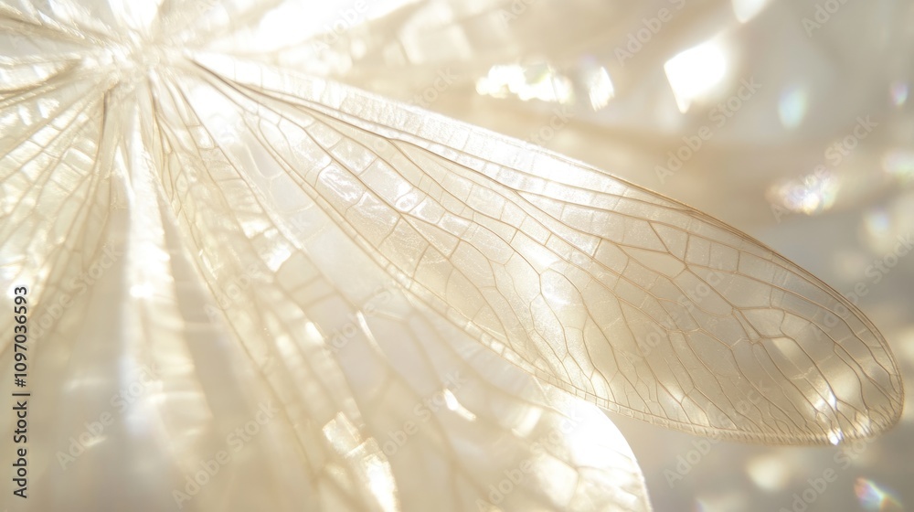 Poster close-up of a delicate, translucent insect wing illuminated by soft light.