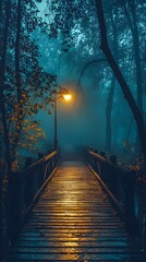 A serene wooden bridge illuminated by a lamp in a misty forest at dusk.