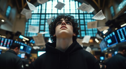 Obraz premium Young male with curly hair gazes up as papers float in a bustling trading floor.