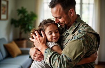 Soldier dad hugs daughter. Child embraces military father. Family reunion at home. Warm moment. Loving family. Happy girl. Military dad. Home embrace. Man in uniform. Patriotism. Tender moment.