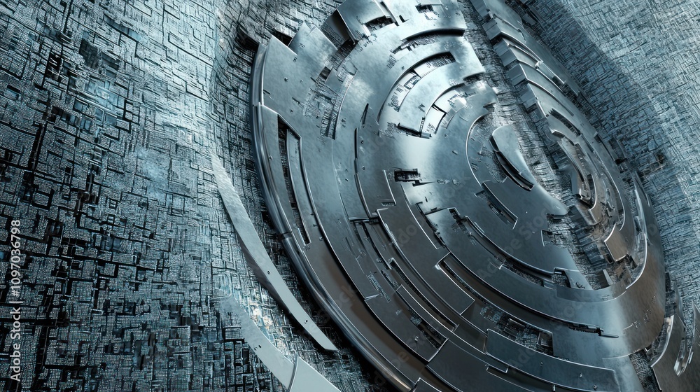 Poster A futuristic metallic structure with intricate patterns and textures in a digital environment.