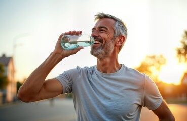 Smiling mature man drinks water after jogging. Grey haired athlete in activewear. Active senior enjoys healthy lifestyle. Fitness and well being outdoors. Happy man on road. Refreshment after sport.