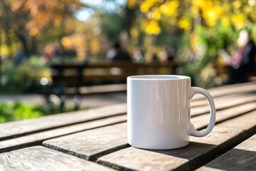 White Mug Sits On Wooden Bench In Autumn Park