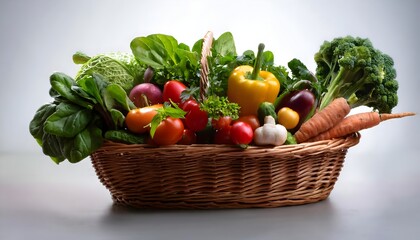 Fototapeta premium Various fresh vegetables in a wicker basket on a white background.