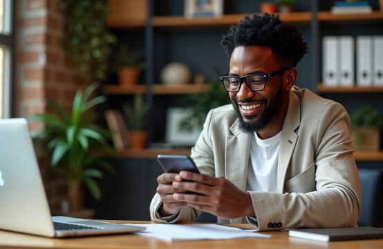 Smiling Black man uses smartphone. Happy African American guy manages social media. Sits at office desk. Business marketing. Casual office attire. Modern communication. Young entrepreneur works.