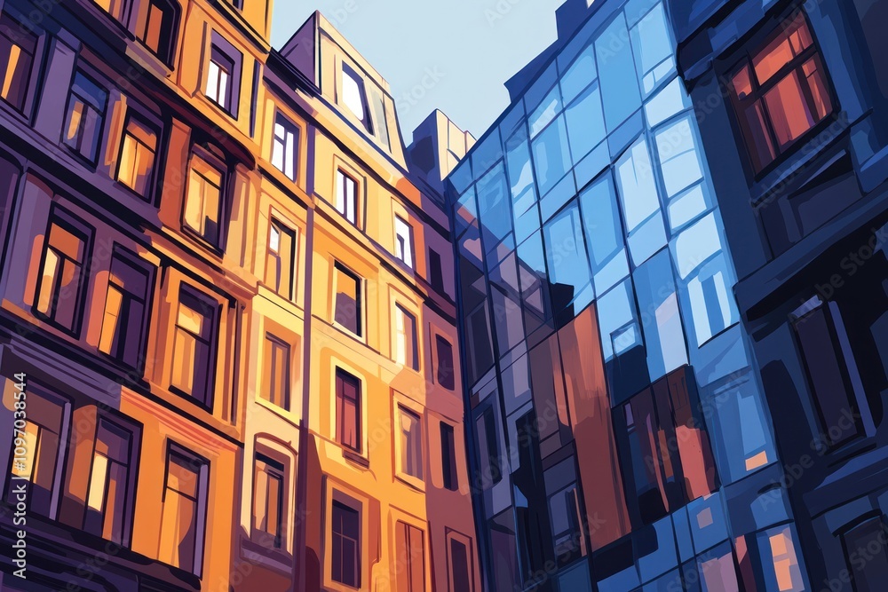Poster a vibrant depiction of contrasting architectural styles and reflections in urban settings.