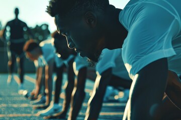 Athletes in a track and field race ready to start A close-up of athletes in various stages of preparation, from stretching to strategizing