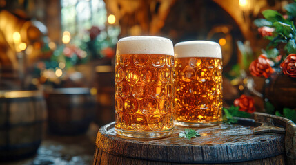 Two frothy beer mugs with a rich amber color, resting on a rustic wooden surface with hops scattered nearby