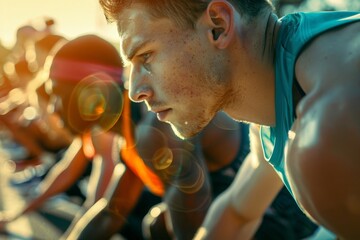 Focused Athletes Preparing For A Race On A Sunny Day, A close-up of athletes in various stages of preparation, from stretching to strategizing