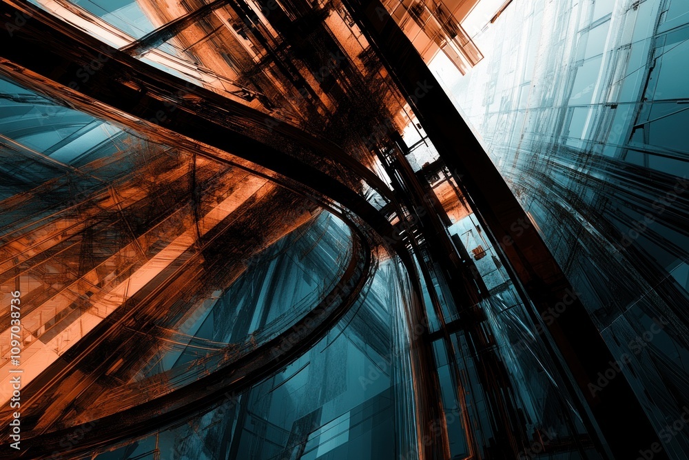 Poster Abstract composition featuring intertwining structures in blue and orange hues.