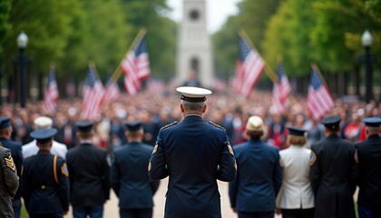 Veterans Day ceremony crowd memorial. Veterans uniform stand attention. Speaker gives speech American flags. Solemn respect gratitude. Patriotic event honors military service. Remembrance day tribute