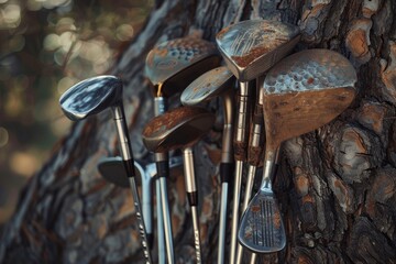 A close-up shot of a collection of rusty golf clubs leaning against a tree trunk A close-up of golf clubs resting against a tree