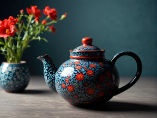 one patterned teapot on dark theme with contrast light