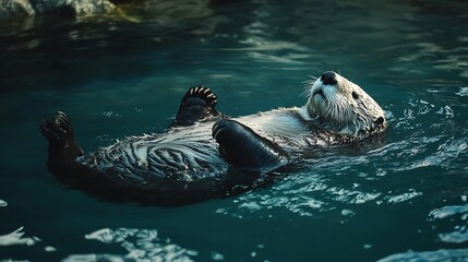 Fototapeta premium A sea otter floats serenely on its back in teal water, paws playfully outstretched. The sun glints off its wet fur, creating a captivating contrast.