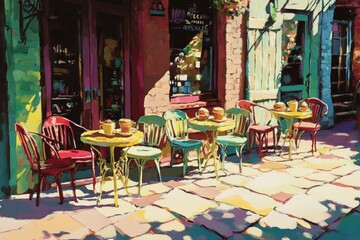 Sunny Cafe Patio Colorful Chairs Tables Drinks