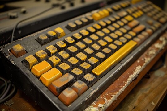 A close-up of a worn-out keyboard with yellowed keys and several missing A clunky keyboard with yellowed keys and missing letters