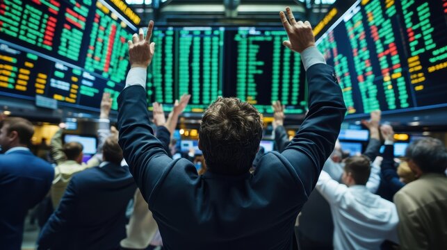 Excited traders celebrating stock market gains in a bustling trading floor.