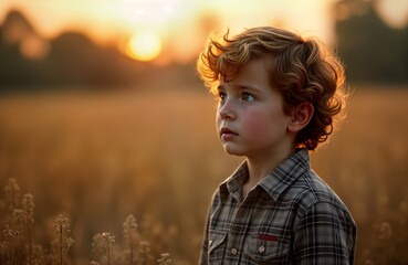 Young boy stands rural field sunset. He looks away pensively. Child contemplates nature golden hour light. Calm tranquil scene summer evening. Innocent youth observes countryside.