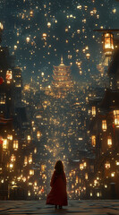 Dreamlike depiction of a girl standing amidst glowing lanterns in a magical cityscape. A captivating harmony of light, architecture, and human presence.